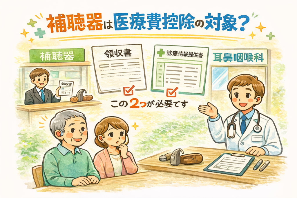 耳鼻咽喉科の医師、補聴器専門店スタッフ、老夫婦・高齢者が登場し、所得税の確定申告時の補聴器の医療費控除に必要な手続きを分かりやすく説明しているイラスト。診療情報提供書と領収書が必要であることを視覚的に示し、医療費控除の流れが一目で理解できる内容。わかば補聴器センター帯広店・函館店が、地域に根ざした補聴器専門店として、補聴器購入から医療費控除の相談まで丁寧にサポートしているイメージ。