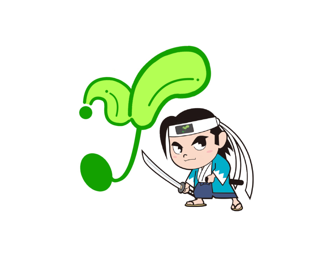 函館　補聴器　函館　ショッピングセンター横。丸井の近く。わかば　補聴器　センター　函館　本店のイメージキャラクターとわかばロゴ。新選組　斎藤一