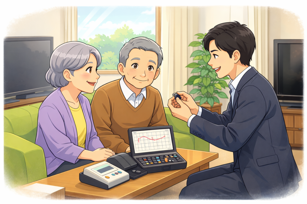 補聴器専門店スタッフがご自宅へ出張訪問し、高齢ご夫婦に補聴器の説明と聞こえチェックを行っているイメージ画像。帯広・函館エリアで対応する補聴器の訪問相談、在宅フィッティング、聴力確認、試聴、調整サポートを紹介するブログ用ビジュアル。外出が難しい方やご家族同席での補聴器相談、出張対応、予約優先制、電話・お問い合わせフォームからの受付などを案内する地域密着型補聴器サービスの説明画像。