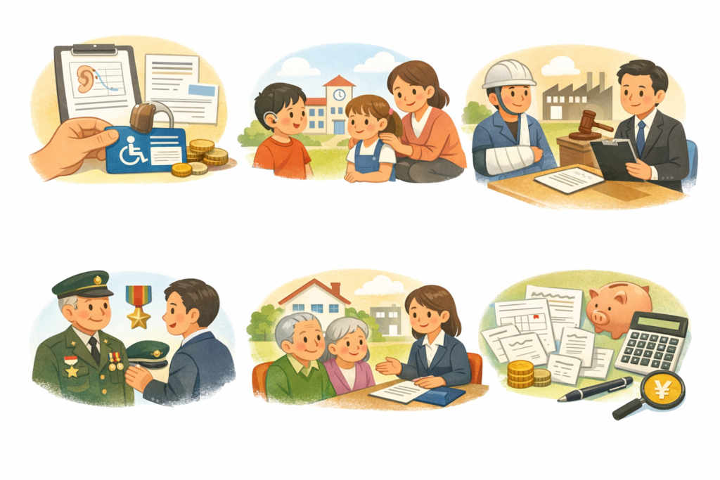 補聴器の公的支援制度を分かりやすく紹介するイラスト画像。障害者総合支援法による補装具給付制度、身体障害者手帳の等級判定、軽中度難聴児支援制度、労災保険による難聴認定、戦傷病者制度、各市町村の補聴器助成制度、医療費控除や確定申告、e-Tax申請まで幅広く解説する内容を表現。補聴器の購入費用、差額購入、申請手続き、必要書類、診療情報提供書、耳鼻咽喉科受診の流れなど制度全体を網羅したブログ用ビジュアル。帯広・函館エリアで補聴器専門店を探している方、補聴器助成制度や補装具支給申請を検討している方、難聴相談や聞こえチェックを希望する方に向けた地域密着型補聴器情報ページ向け画像説明。