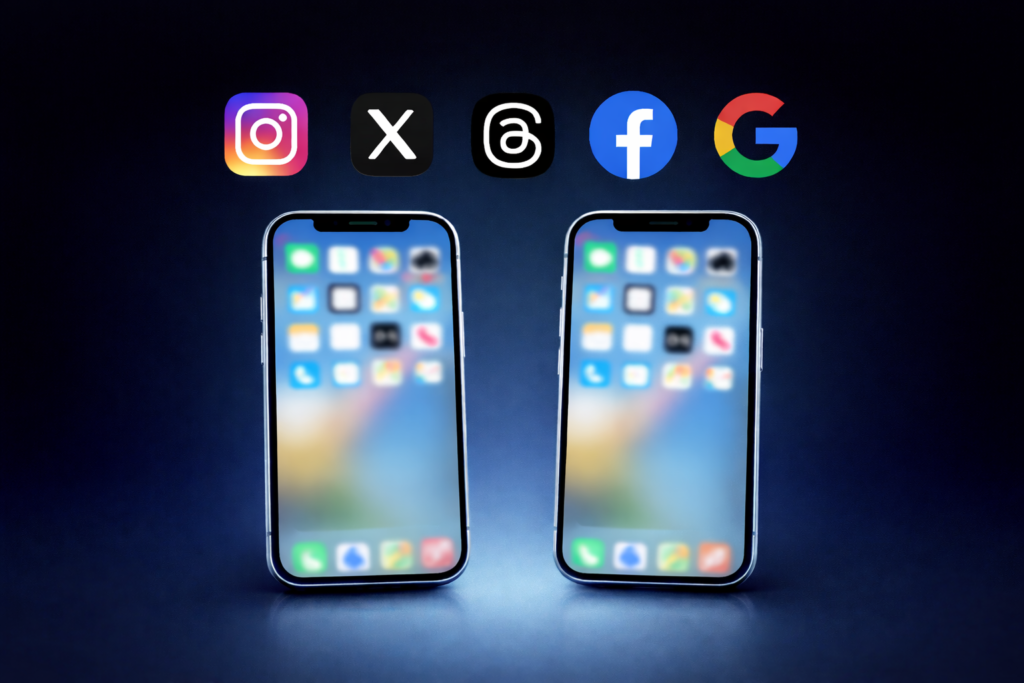 Instagram、X（旧Twitter）、Threads、Facebook、Googleのロゴが並び、その下にぼかしたホーム画面のスマートフォンが2台配置されたスタイリッシュなビジュアル。わかば補聴器センターのSNSおよびGoogleビジネスプロフィールの案内を表現した画像で、帯広店・函館本店の情報発信を象徴するデザイン。補聴器の新製品情報、助成制度、補装具給付、医療費控除、確定申告、出張訪問、聞こえ相談、難聴サポートなどを各種SNSやGoogleマップを通じて発信していることを示すイメージ。帯広・函館をはじめ道東・道南・十勝エリアで補聴器専門店を探している方に向けた情報導線を強化するSEO対策用画像説明。補聴器専門店としての地域密着型情報発信を象徴するデジタルプロモーションビジュアル。