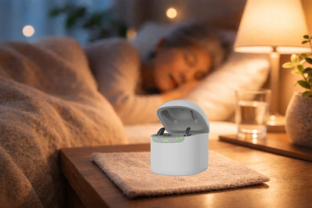 alt="夜の寝室で高齢の女性が安心して眠っている様子と、サイドテーブルに置かれた補聴器と充電ケースを写したイメージ写真。就寝前に補聴器を外し、充電や乾燥を行う大切さを表現したビジュアル。補聴器を着けたまま寝てもいいのか、就寝時は外すべきか、故障予防や湿気対策、耳の健康管理などに関するブログ内容に対応。充電式補聴器の充電管理、電池式補聴器の取り扱い、夜間の保管方法を分かりやすく伝えるイメージ。わかば補聴器センター帯広店・函館本店が発信する、補聴器の正しい使い方やお手入れ方法、点検相談に関連するSEO対策用画像説明。帯広・函館・十勝・道東・道南エリアで補聴器専門店を探している方や、難聴・聞こえの悩みを抱える方に向けた安心感のあるビジュアル。"