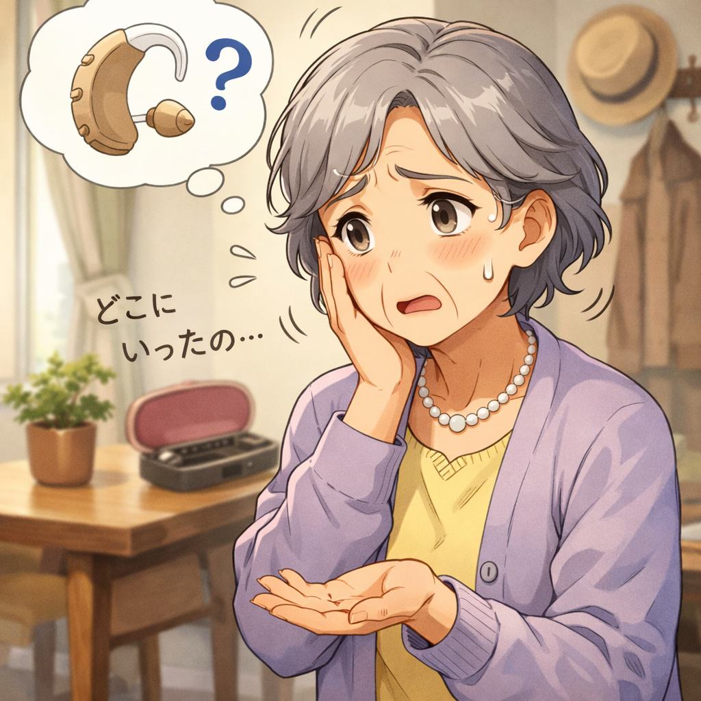 補聴器をなくしてしまい困っている高齢女性のイラストです。手元に補聴器が見当たらず、不安そうな表情で探している様子が描かれており、補聴器の紛失に関する悩みをイメージしています。補聴器は小型で軽いため、外出先での置き忘れや、自宅内での紛失が起こることもあります。特に帽子やマスクの着脱時、就寝前に外した際などに見失ってしまうケースが多く見られます。こうした紛失リスクに備えて、補聴器には紛失保証が付いている場合もあり、事前に内容を確認しておくことが大切です。補聴器の管理方法や紛失防止対策を考えるきっかけとなるイメージ画像です。