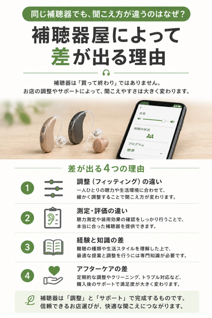 補聴器専門店によって聞こえ方に差が出る理由を解説するインフォグラフィック画像。補聴器とスマートフォンアプリを中心に、調整(フィッティング)、測定・評価、経験と知識、アフターケアの4つの違いを分かりやすく紹介している。補聴器は購入して終わりではなく、聞こえに合わせた細かな調整や定期的なサポートによって満足度が変わることを説明するブログ用ビジュアル。認定補聴器技能者による調整や測定の重要性、補聴器専門店ならではのアフターケア体制を表現。帯広・函館・十勝・道東・道南エリアで補聴器専門店を探している方や、他店で補聴器が合わなかった方、聞こえに悩みを抱える方に向け
