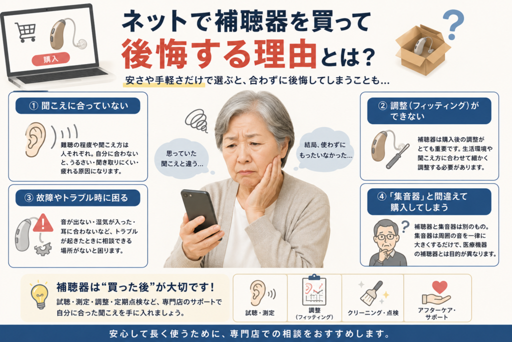 ネット通販で補聴器を購入して後悔する理由を解説する画像。スマートフォンを見ながら困った表情をする高齢女性を中心に、聞こえに合わない、調整（フィッティング）ができない、故障やトラブル時に困る、集音器と間違えて購入してしまうなど、ネット購入の注意点を分かりやすく紹介している。補聴器は購入後の試聴、測定、調整、クリーニング、アフターケアが重要であることを説明するブログ用ビジュアル。補聴器専門店での相談や認定補聴器技能者によるサポートの大切さを表現。帯広・函館・十勝・道東・道南エリアで補聴器選びに悩んでいる方や、ネット通販との違いを知りたい方に向けた説明。