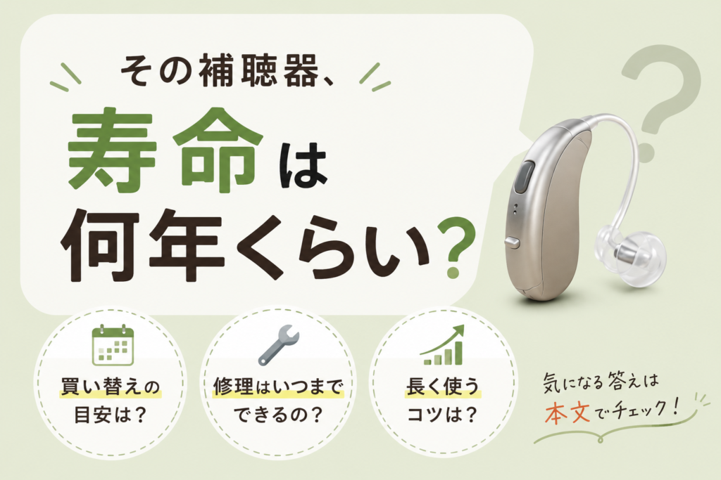 補聴器の寿命や買い替え時期について解説するブログ用アイキャッチ画像。補聴器本体と『その補聴器、寿命は何年くらい？』というキャッチコピーを中心に、買い替えの目安、修理はいつまでできるのか、長く使うコツなどが気になる内容として配置されたシンプルなデザイン。補聴器の寿命、修理受付終了、買い替えタイミング、補聴器メンテナンス、定期点検の重要性を紹介する記事に対応。補聴器は販売終了から約5年で修理受付終了となるケースが多いことや、長く快適に使うための管理方法をイメージした画像説明。帯広・函館・十勝・道東・道南エリアで補聴器の買い替えや点検を検討している方に向けたブログ用ビジュアル。
