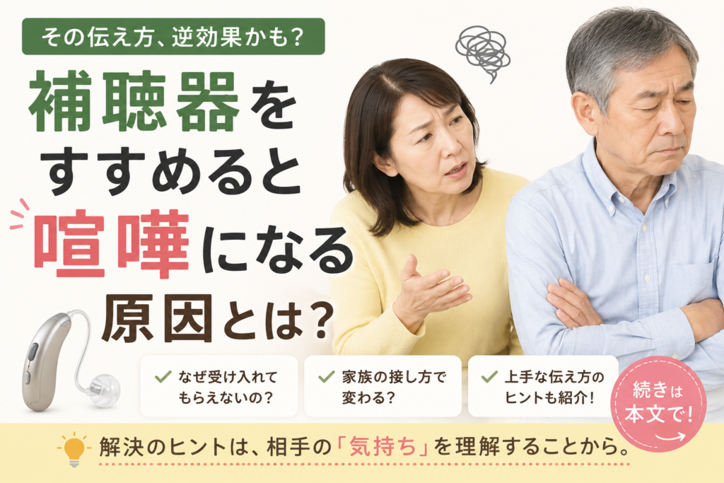 補聴器をすすめると喧嘩になってしまう原因について解説するブログ用アイキャッチ画像。困った表情で話しかける女性と、不満そうに腕を組む高齢男性を中心に、『補聴器をすすめると喧嘩になる原因とは？』というキャッチコピーを配置したデザイン。補聴器を嫌がる心理や、家族間で聞こえの問題がストレスやすれ違いにつながるケースをイメージしたビジュアル。『なぜ受け入れてもらえないの？』『家族の接し方で変わる？』など、本文が気になる構成になっており、補聴器相談や難聴サポート、家族対応について紹介するブログ内容に対応。帯広・函館・十勝・道東・道南エリアで聞こえの悩みを抱えるご家族向けの画像説明。