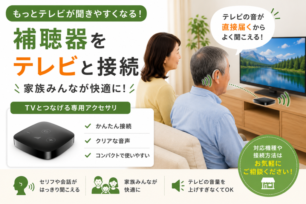 補聴器をテレビと接続できる機能を紹介するブログ用アイキャッチ画像。リビングでテレビを見る高齢夫婦と、テレビ音声を補聴器へワイヤレス送信する専用アクセサリを配置したデザイン。『補聴器をテレビと接続』『テレビの音が直接届くからよく聞こえる』などのキャッチコピーを使い、テレビのセリフや会話が聞き取りやすくなる便利機能をイメージしたビジュアル。テレビ音量を上げすぎずに快適に視聴できることや、家族みんなが快適に過ごせることを表現。Bluetooth対応補聴器、テレビ接続アクセサリ、ワイヤレス補聴器、補聴器 テレビ接続などの検索に対応した画像説明。帯広・函館・十勝・道東・道南エリアで補聴器相談を検討している方に向けたブログ用画像。