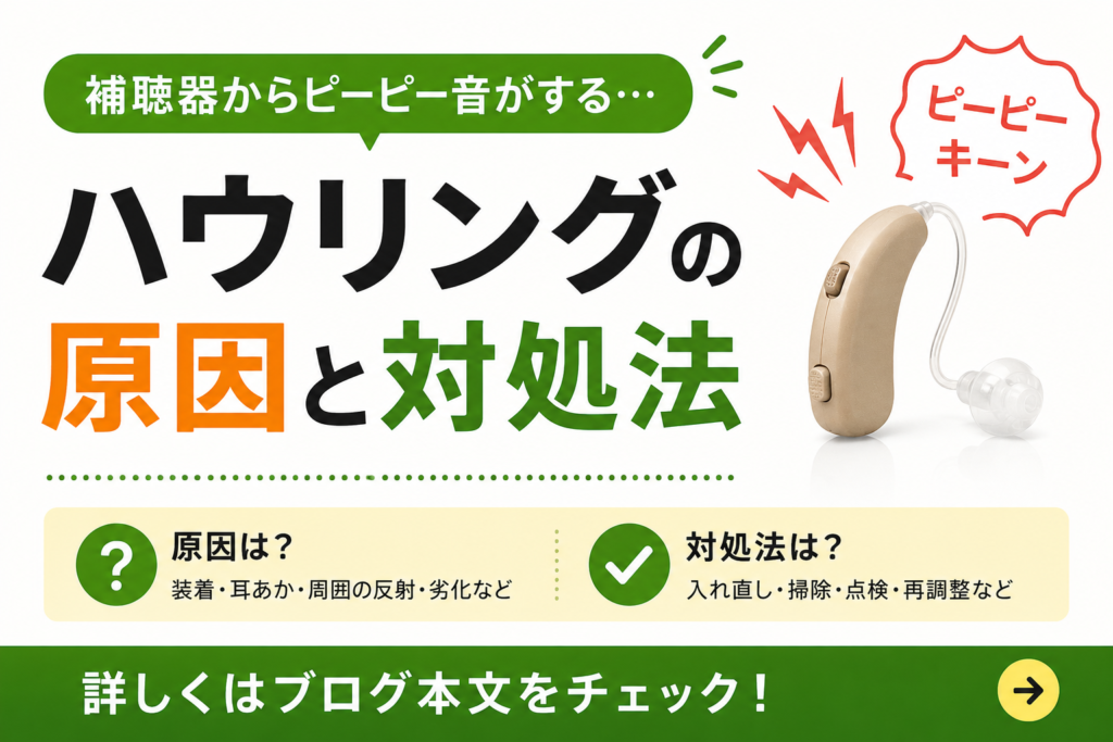 補聴器のハウリング（ピーピー音）の原因と対処法について紹介するブログ用アイキャッチ画像。『補聴器からピーピー音がする…』『ハウリングの原因と対処法』という大きなキャッチコピーと補聴器本体を配置したシンプルなデザイン。補聴器のハウリングは、装着状態、耳あか、周囲の音反射、補聴器劣化などが原因になることをイメージしたビジュアルで、詳しい原因や改善方法はブログ本文へ誘導する構成。補聴器 ピーピー音、補聴器 ハウリング、補聴器 雑音、補聴器 点検、補聴器 調整などの検索に対応した画像説明。帯広・函館・十勝・道東・道南エリアで補聴器トラブルや聞こえの悩みを抱える方に向けたブログ用画像。