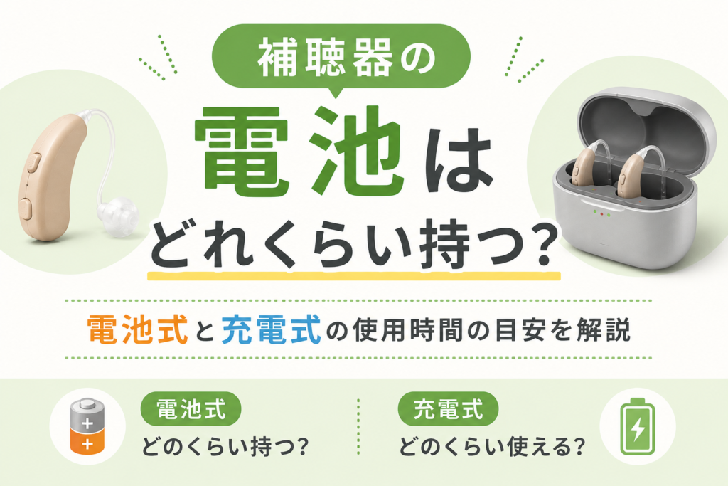 補聴器の電池や充電時間について解説するブログ用アイキャッチ画像。『補聴器の電池はどれくらい持つ?』というキャッチコピーと、電池式補聴器・充電式補聴器をシンプルに配置したデザイン。補聴器の電池寿命、充電式補聴器の使用時間、電池交換、フル充電時間、Bluetooth使用時の電池消耗などが気になる内容をイメージしたビジュアル。電池式と充電式の違いや使用時間の目安をブログ本文へ誘導する構成。補聴器 電池寿命、補聴器 充電式、補聴器 電池交換、補聴器 バッテリー、補聴器 使用時間などの検索に対応した画像説明。帯広・函館・十勝・道東・道南エリアで補聴器を検討中の方や、電池持ちが気になる方に向けたブログ用画像。