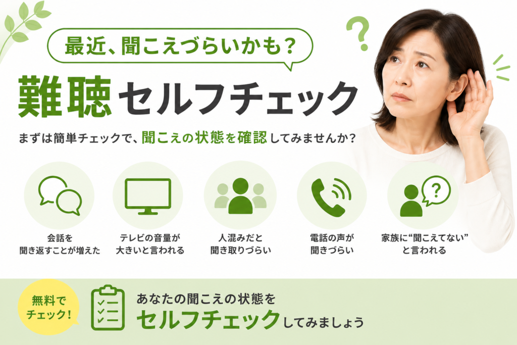 難聴セルフチェックを案内するブログ用アイキャッチ画像。『最近、聞こえづらいかも?』『難聴セルフチェック』という大きなキャッチコピーと、耳に手を当てて聞き返すような表情の女性を配置したシンプルなデザイン。会話を聞き返す、テレビ音量が大きい、人混みで聞き取りづらい、電話が聞きづらい、家族に聞こえていないと言われるなど、難聴の初期サインをイメージしたアイコンも掲載。聞こえの状態確認や難聴チェックをブログ本文やホームページへ誘導する構成。難聴セルフチェック、聞こえ相談、補聴器相談、帯広 補聴器、函館 補聴器、加齢性難聴などの検索に対応した画像説明。