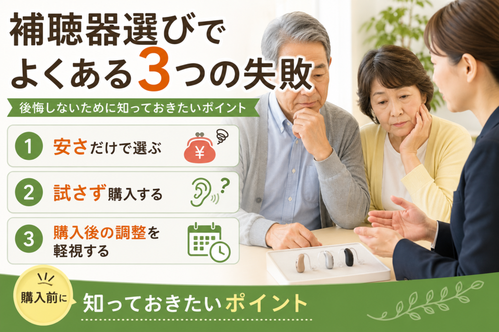 補聴器選びでよくある3つの失敗を紹介するイメージ。補聴器の説明を受ける高齢夫婦と認定補聴器技能者が相談している様子。