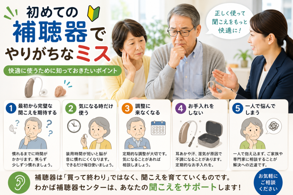 帯広・函館で補聴器をご検討中の方へ。初めて補聴器を使用する高齢夫婦が認定補聴器技能者から説明を受け、補聴器でやりがちなミスや正しい使い方を学んでいる様子。