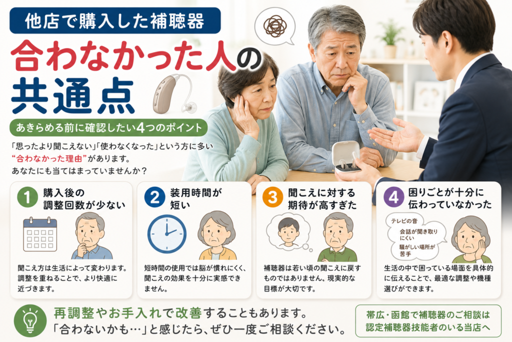 帯広・函館で補聴器の聞こえにお悩みの方へ。他店で購入した補聴器が合わず困っている高齢夫婦が認定補聴器技能者へ相談し、補聴器が合わなかった人の共通点や再調整の重要性について説明を受けている様子。