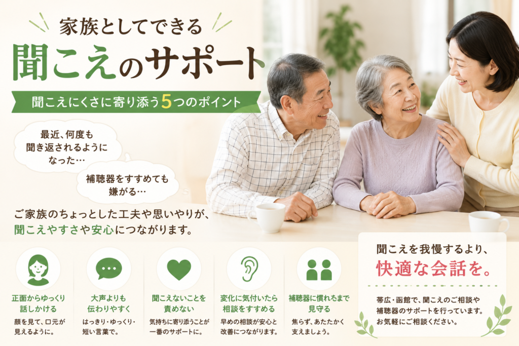 帯広・函館で補聴器や聞こえの相談を検討しているご家族向け。難聴気味の高齢者と家族が笑顔で会話し、聞こえのサポートや補聴器相談について話している様子。