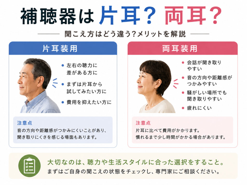 帯広・函館で補聴器をご検討中の方へ。認定補聴器技能者がシニア夫婦に片耳装用と両耳装用の違いやメリットについて説明している様子。