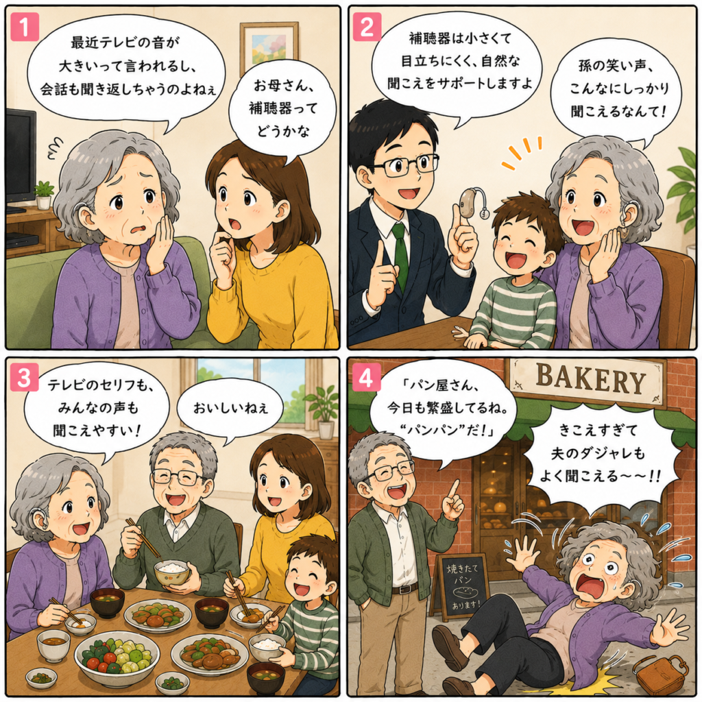 補聴器4コマ漫画。テレビの音量や聞き返しが増えたおばあちゃんが補聴器を試し、家族との会話や食事を楽しめるようになるストーリー。最後はパン屋で夫のダジャレ「パンパンだ！」までよく聞こえてしまい思わず驚く、ユーモアのある4コマ漫画。