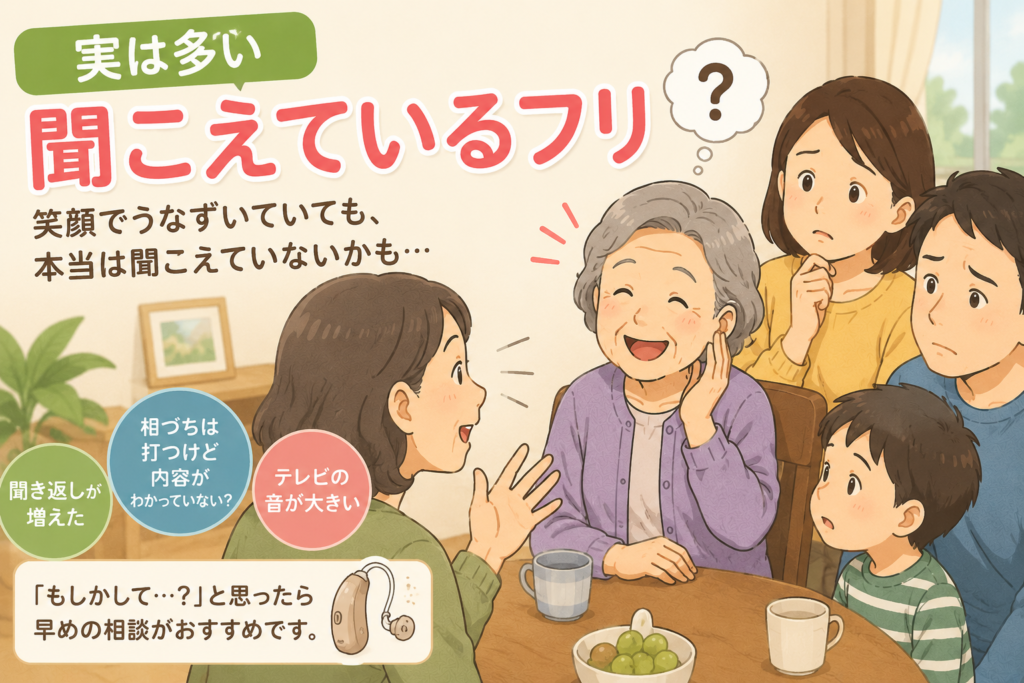 補聴器を付けていない高齢者が笑顔で相づちを打ちながらも会話の内容が聞き取れていない様子と、それに気づき心配そうに見守る家族を描いたイラスト。聞こえているフリや難聴、聞き返し、聞こえにくい状態、聞こえのサインに気づき、補聴器相談を考えるきっかけを伝える、帯広・函館のわかば補聴器センターのブログアイキャッチ画像。