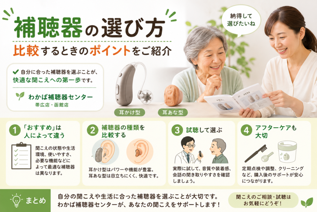 補聴器の選び方や比較ポイントをわかりやすく紹介するブログのアイキャッチ画像。耳かけ型・耳あな型などの違いやおすすめの選び方、試聴やアフターケアの重要性を解説する、帯広・函館のわかば補聴器センターのブログ。