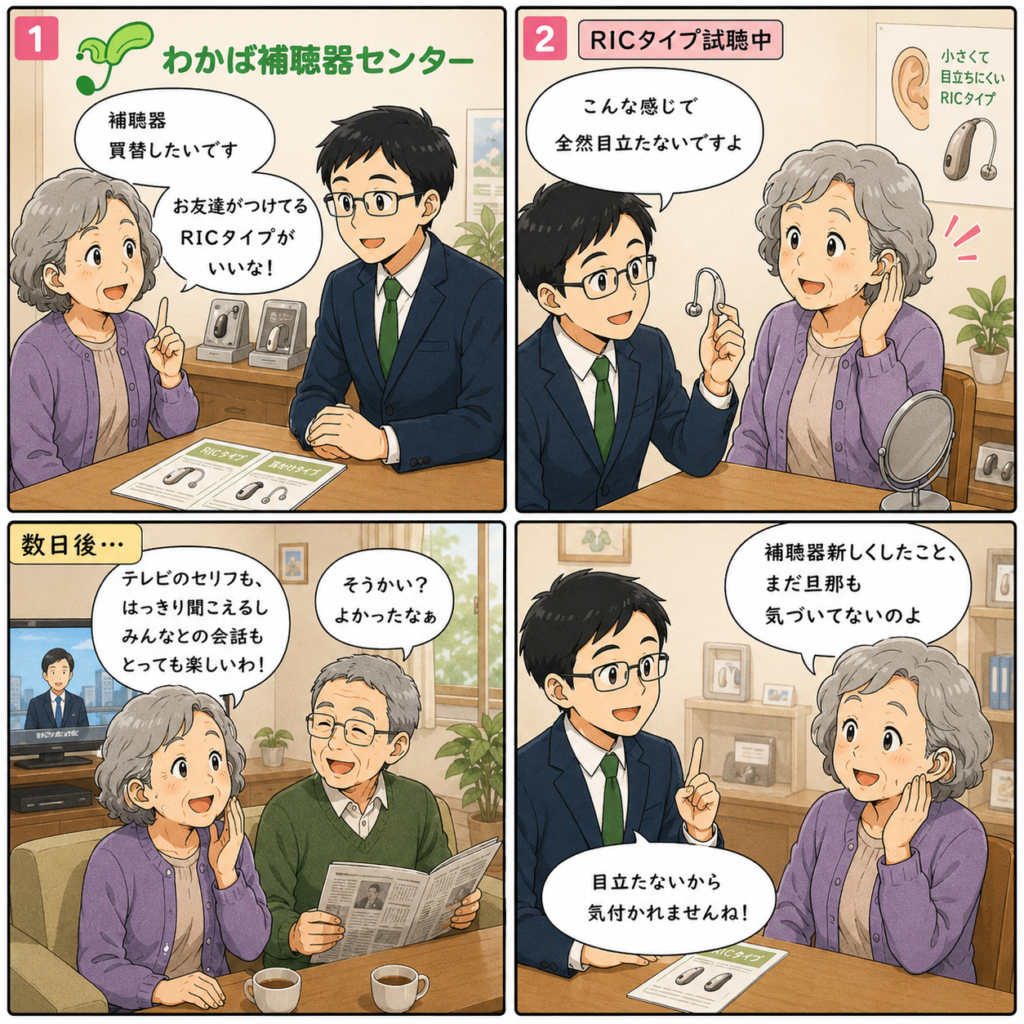 補聴器専門店でRICタイプの補聴器を試聴し、小さく目立ちにくい装着感に驚く女性を描いた4コマ漫画。補聴器を新しくしても家族が気づかないほど自然な見た目と、テレビや会話が聞き取りやすくなった喜びを紹介する、わかば補聴器センターのブログアイキャッチ画像。