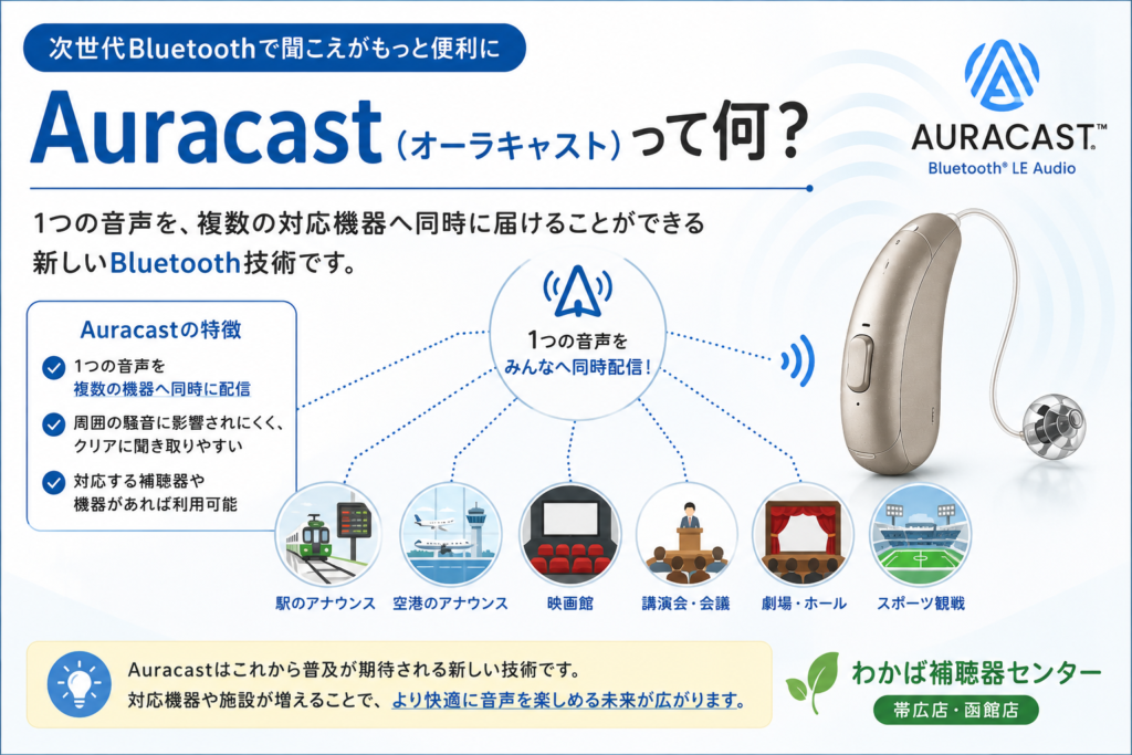 Auracast（オーラキャスト）対応補聴器をイメージしたブログアイキャッチ画像。Bluetooth LE Audioにより、補聴器へ駅や空港、映画館、テレビなどの音声を直接届ける次世代Bluetooth技術をわかりやすく紹介するデザイン。帯広・函館のわかば補聴器センターのブログ。