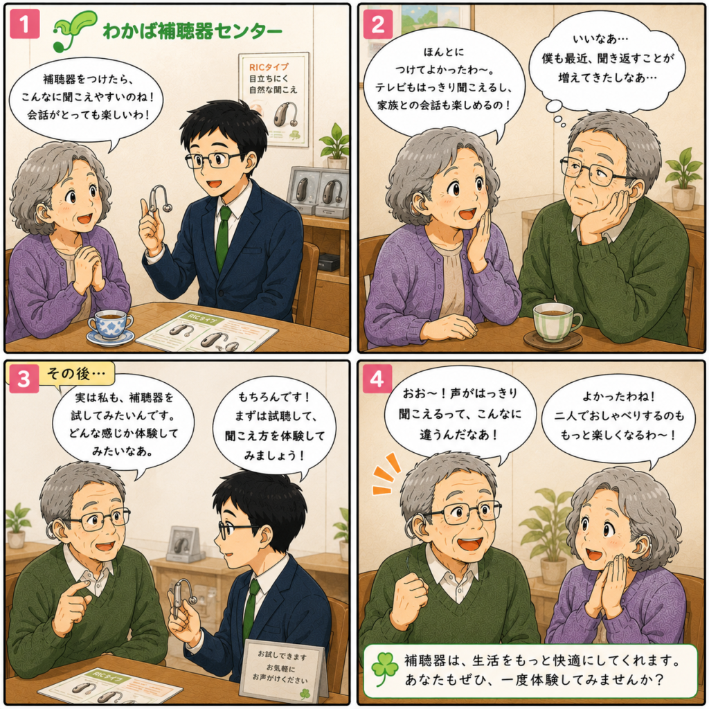 補聴器専門店で補聴器を試した女性が「テレビや家族との会話が聞きやすくなった」と喜び、その様子を見た夫も補聴器の試聴を決意する4コマ漫画。夫婦で補聴器を使うことで会話がさらに楽しくなり、毎日の生活が快適になる様子を描いた、わかば補聴器センターのブログアイキャッチ画像。