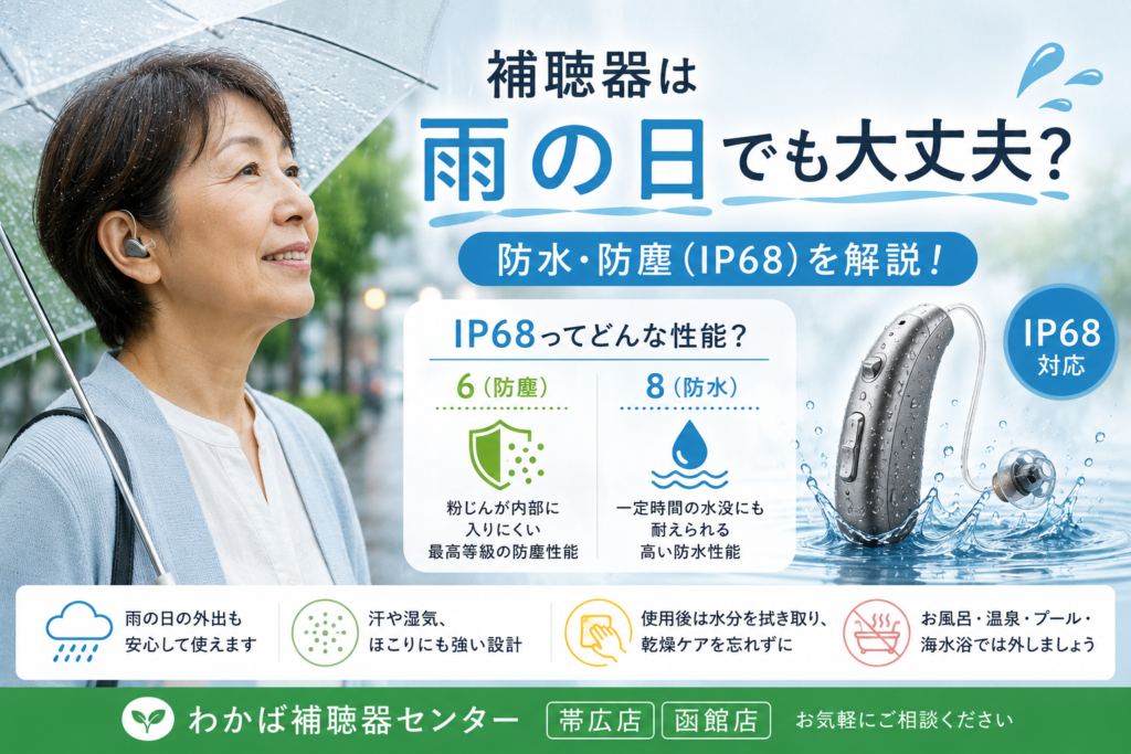 IP68対応の補聴器をイメージしたブログアイキャッチ画像。雨の日に補聴器を装用して外出する様子と、防水・防塵性能（IP68）の説明をイメージしたデザイン。補聴器の雨対策やお手入れ方法を紹介する、帯広・函館のわかば補聴器センターのブログ。