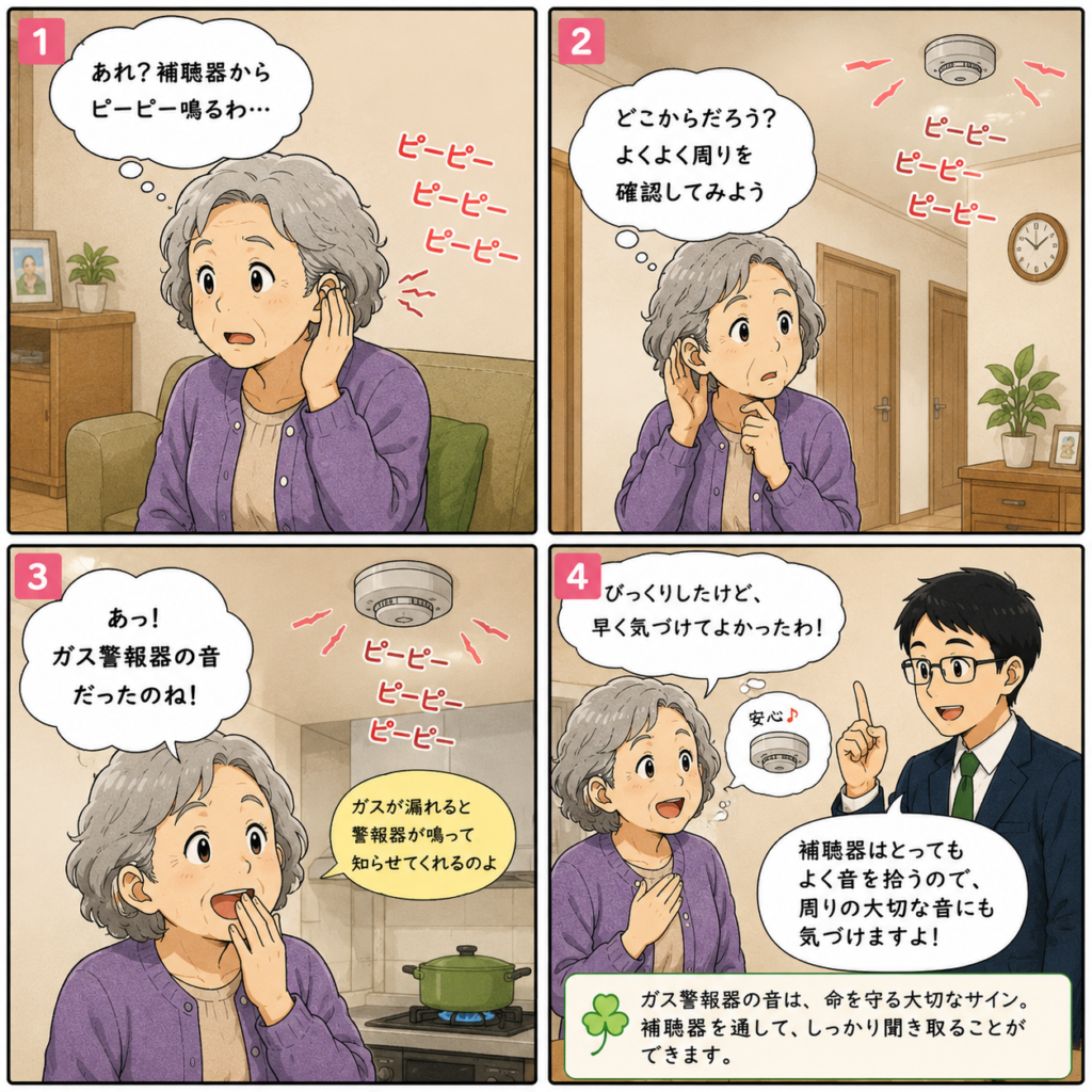 補聴器を装用した高齢女性が「ピー、ピー」という音を補聴器の故障だと思ったものの、実はガス警報器の警報音だったことに気づく4コマ漫画。補聴器はガス警報器など周囲の大切な音にも気づきやすく、安全な暮らしをサポートすることを紹介する、わかば補聴器センターのブログアイキャッチ画像。