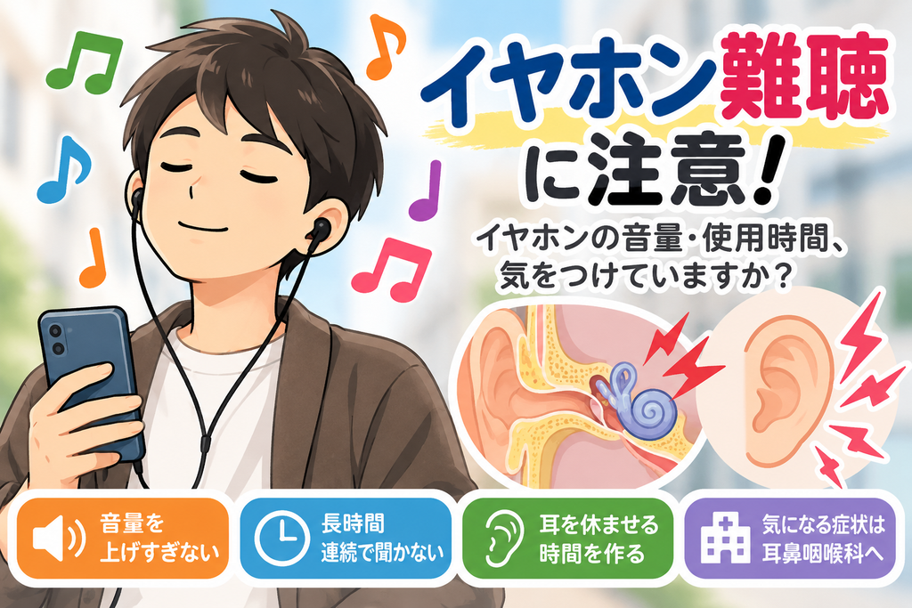 イヤホン難聴に注意。イヤホンやヘッドホンで大きな音を長時間聞き続けることによる聴覚への影響や、音量を上げすぎない、長時間連続して使用しない、耳を休ませるなどの予防方法を紹介。ドライヤーなど日常生活の大きな音にも注意し、耳鳴りや聞こえにくさが続く場合は耳鼻咽喉科への相談をおすすめします。帯広・函館で補聴器や聞こえについてお悩みの方にも役立つ情報です。
