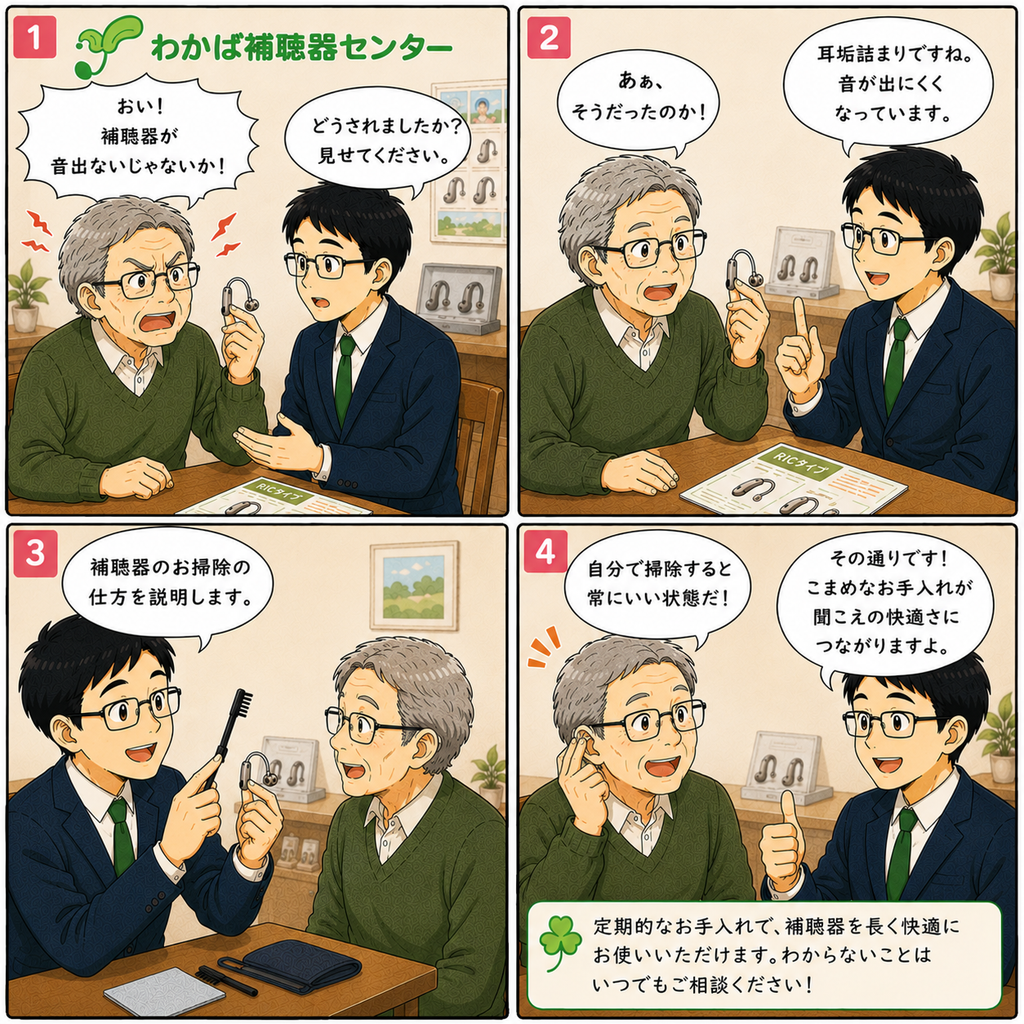補聴器のお手入れ方法を紹介する4コマ漫画。補聴器から音が出ないと相談する高齢男性に、補聴器専門店のスタッフが原因を確認し、耳垢詰まりによって音が出にくくなる場合があることを説明している。3コマ目では補聴器の掃除方法を実演し、4コマ目では日頃からこまめにお手入れすることで補聴器を良い状態に保ち、快適な聞こえにつながることを紹介。補聴器の掃除、耳垢詰まり、補聴器メンテナンス、定期点検について分かりやすく解説する画像。わかば補聴器センターでは帯広・函館で補聴器の調整や点検、お手入れの相談に対応しています。